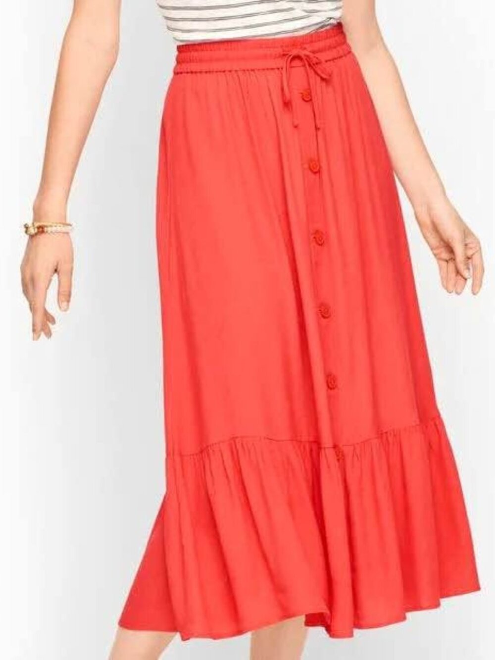 Talbots Tiered Ruffle Elastic Waist Drawstring Red Orange Midi Skirt [size L]